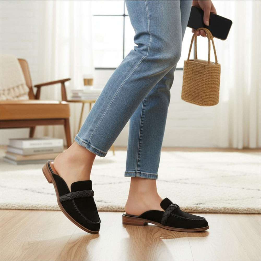 Lucky Brand Suede LEATHER Mule Loafers Slippers Sandal Shoes Size 9.5 M BLACK